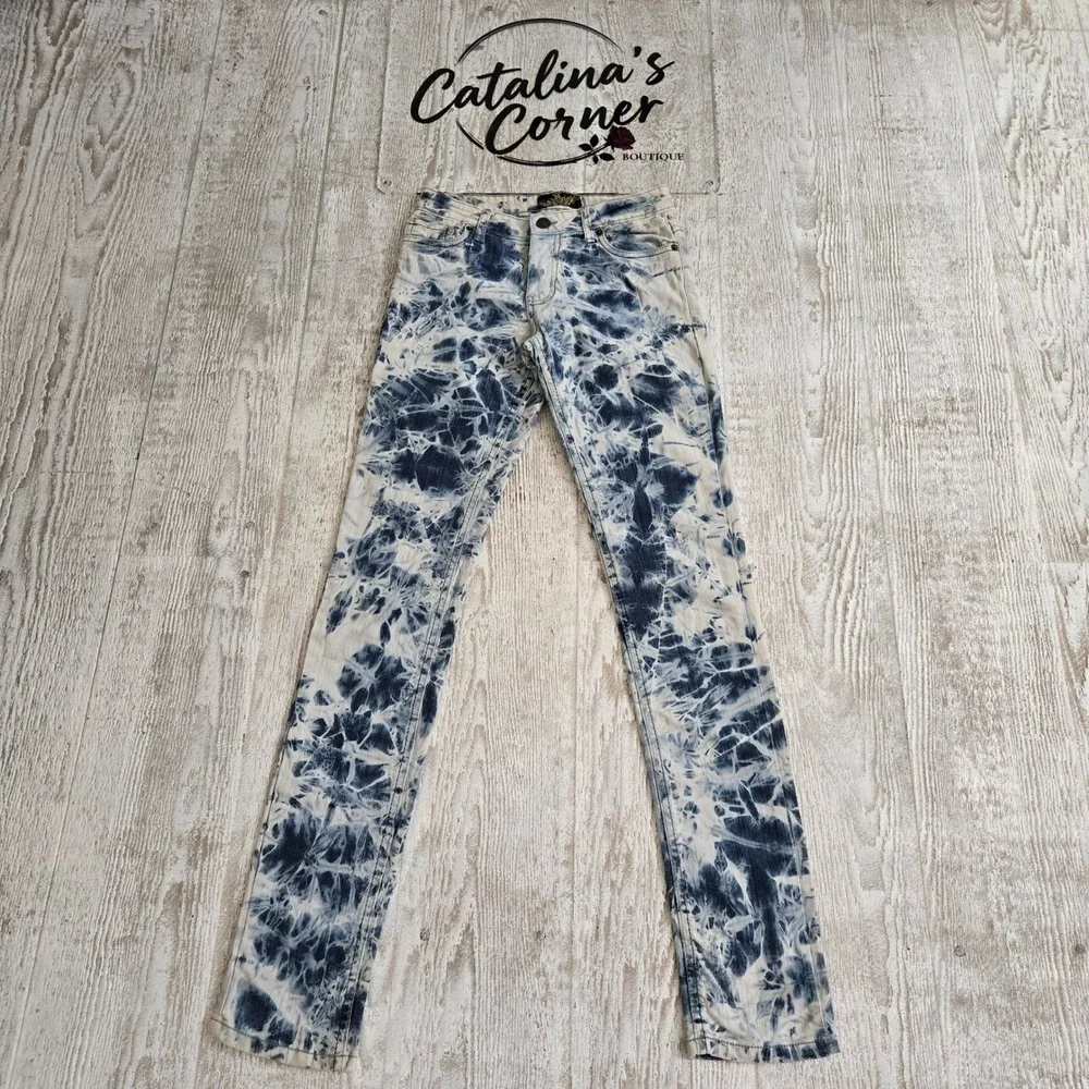 Rock Baby Love Blue White Acid Wash Tie Dye Skinny Jeans Size 1 Y2K Grunge Boho